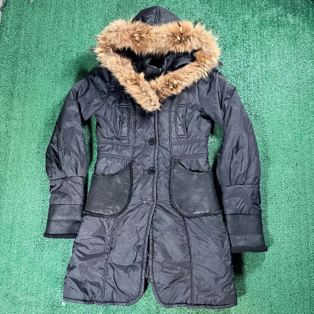 Women’s Mackage Down Parka Black Fur Hood Leather Trim Coat Medium
